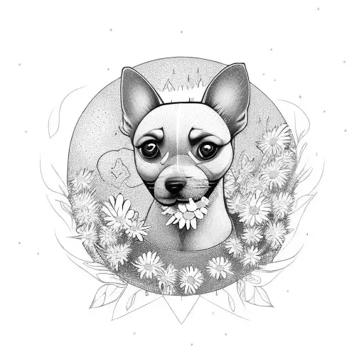 A point eared dog surrounded by a field of daisies, snacking on a bag of crisps tattoo design idea