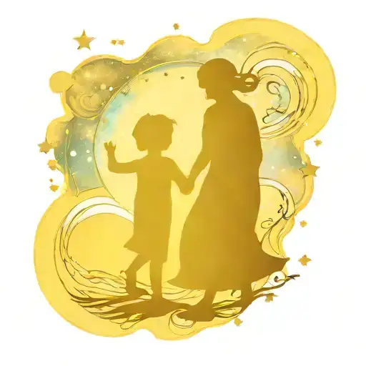 A starry night van Gogh inspired galaxy scene with a silhouette of a mother and child holding hands tattoo design idea