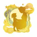 A starry night van Gogh inspired galaxy scene with a silhouette of a mother and child holding hands tattoo design idea