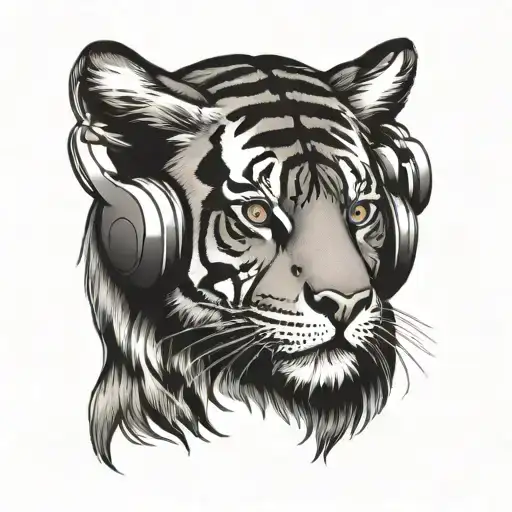 A tiger with pixelated fur listening to music on headphones tattoo design idea