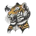 A tiger with pixelated fur listening to music on headphones tattoo design idea