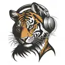 A tiger with pixelated fur listening to music on headphones tattoo design idea