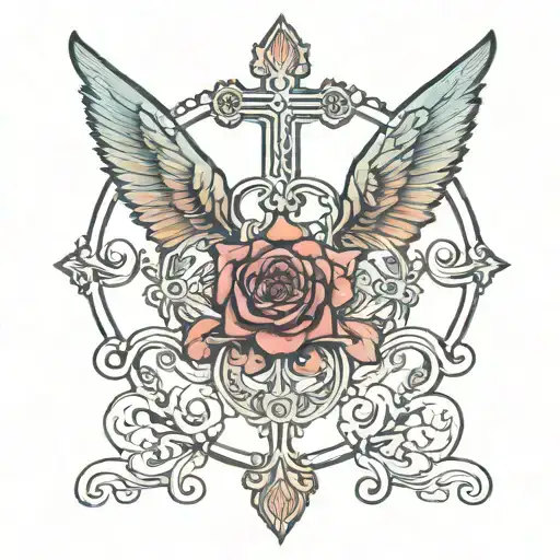 Feminine back tattoo with religious symbols tattoo design idea