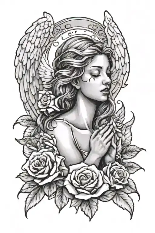 angel praying and crying with roses tattoo design idea