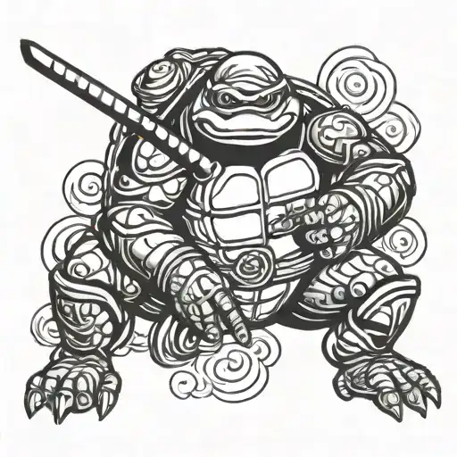 A ninja turtle writing a story in a fantasy world tattoo design idea