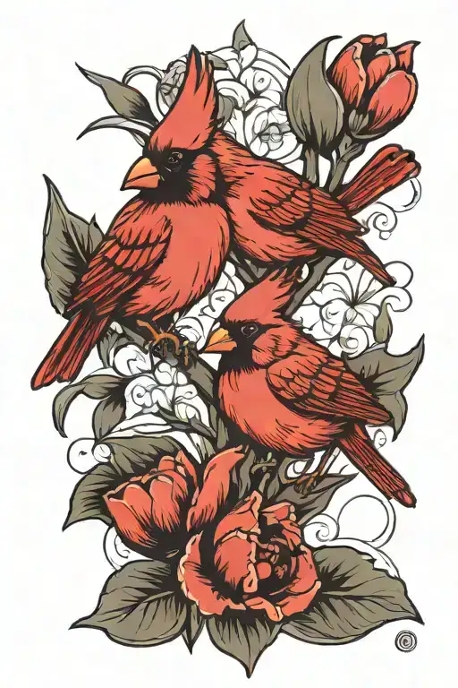 2 small cardinals with 6 red tulips tattoo design idea