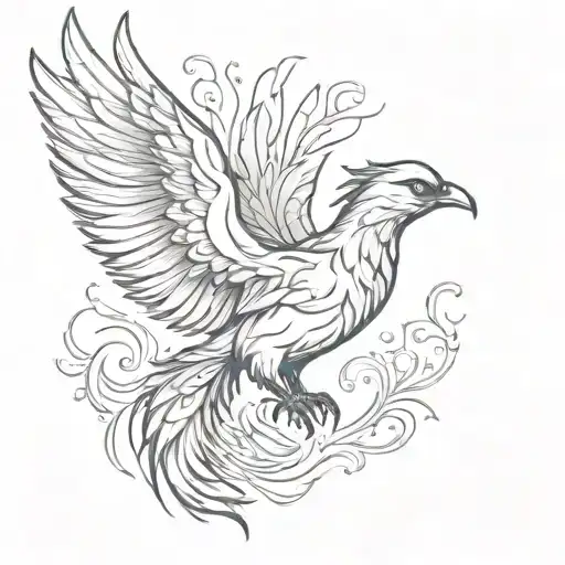  Phoenix bird  tattoo with large spread wings like it's presenting itself long beak majestic piercing blac eyes longtail tattoo design idea