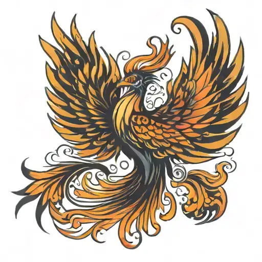  Phoenix bird  tattoo with large spread wings like it's presenting itself long beak majestic piercing blac eyes longtail tattoo design idea