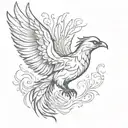  Phoenix bird  tattoo with large spread wings like it's presenting itself long beak majestic piercing blac eyes longtail tattoo design idea