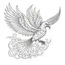  Phoenix bird  tattoo with large spread wings like it's presenting itself long beak majestic piercing blac eyes longtail tattoo design idea