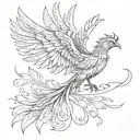  Phoenix bird  tattoo with large spread wings like it's presenting itself long beak majestic piercing blac eyes longtail tattoo design idea