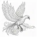  Phoenix bird  tattoo with large spread wings like it's presenting itself long beak majestic piercing blac eyes longtail tattoo design idea