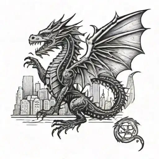 A detailed blackwork tattoo of a Welsh dragon flying over the Cardiff city skyline tattoo design idea