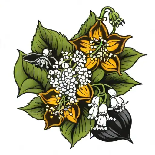lily of the valley, black eyed Susan, marigold, mayflower  tattoo design idea