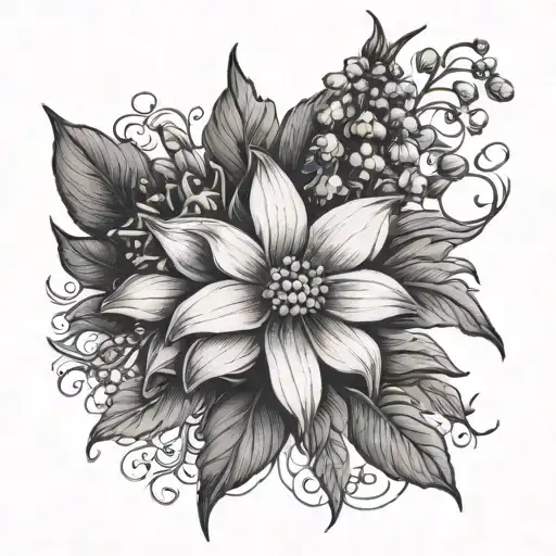 lily of the valley, black eyed Susan, marigold, mayflower  tattoo design idea