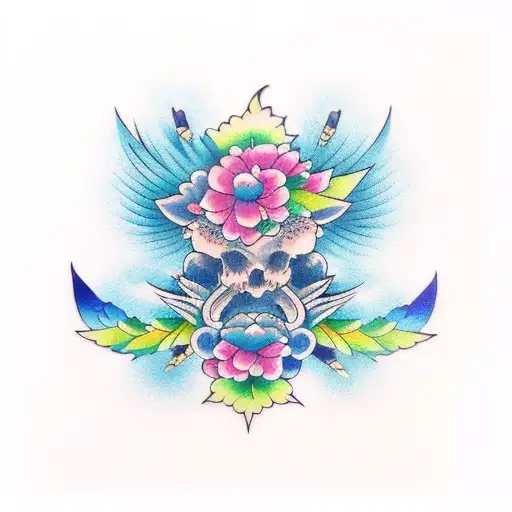 birds and flowers on the back and cheeks. blue green colors tattoo design idea