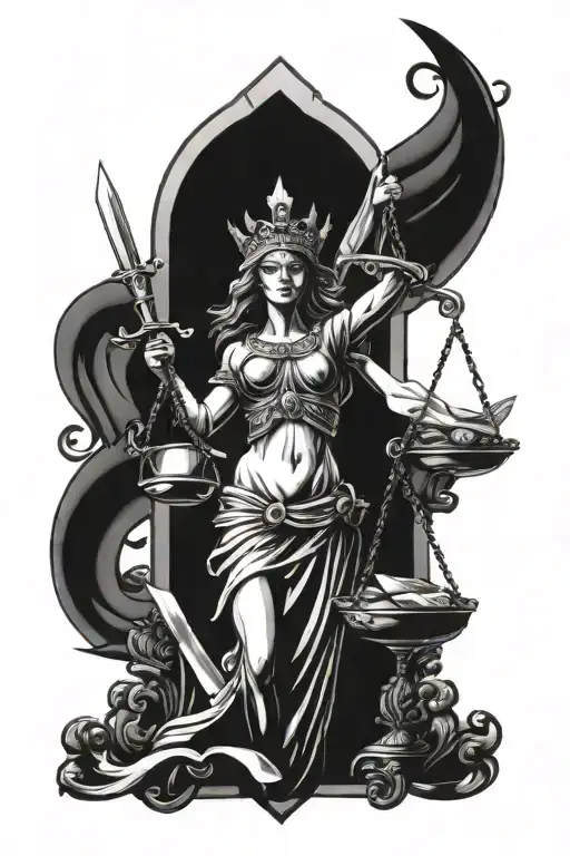 Lady Justice and chef knife crossed swords tattoo design idea