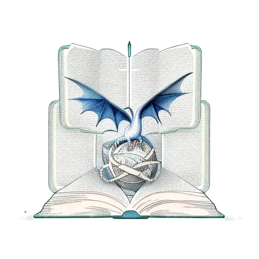 stack of three books, top book open and dragons, feathers, and planets look like they are coming out of the open book  tattoo design idea