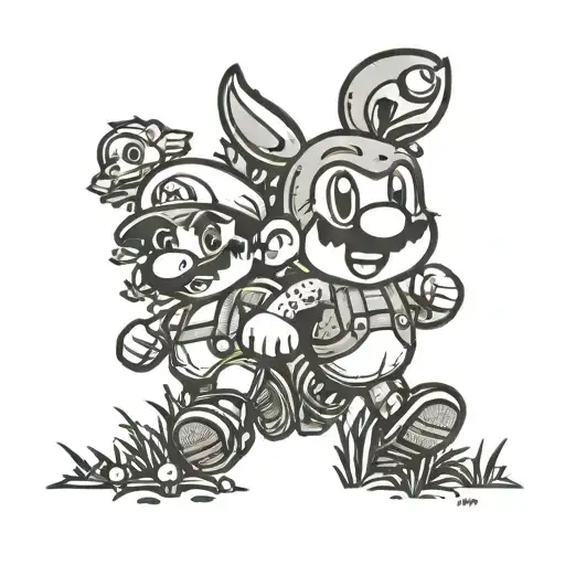 Nintendo characters as mini versions running around the forest tattoo design idea