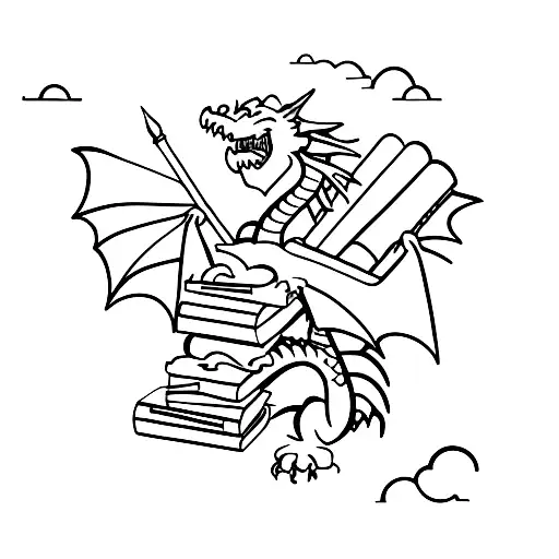 A dragon holding a paint palette with a paintbrush in its mouth, surrounded by books tattoo design idea