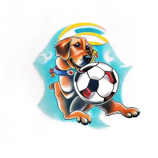 A traditional style tattoo of a dog playing with a soccer ball tattoo design idea