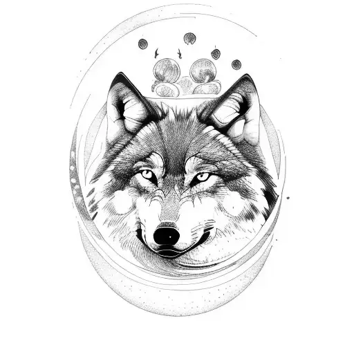 wolf with moon and forest styled tattoo design idea