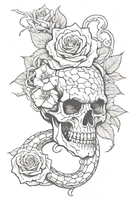 Cracked skull with a snake in its mouth and a rose in one ofnthe eyes with vampire teeth tattoo design idea