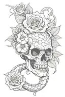 Cracked skull with a snake in its mouth and a rose in one ofnthe eyes with vampire teeth tattoo design idea