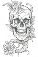 Cracked skull with a snake in its mouth and a rose in one ofnthe eyes with vampire teeth tattoo design idea