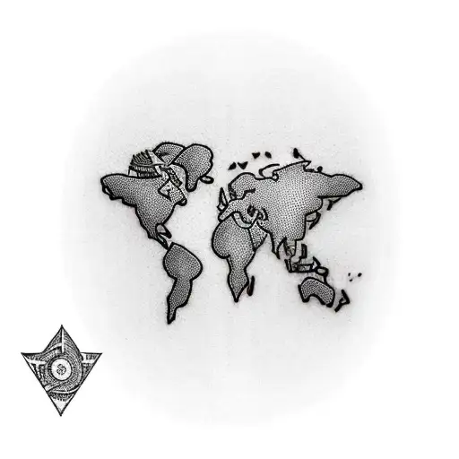 A dotwork tattoo of a world map with medical symbols representing different countries you have visited tattoo design idea