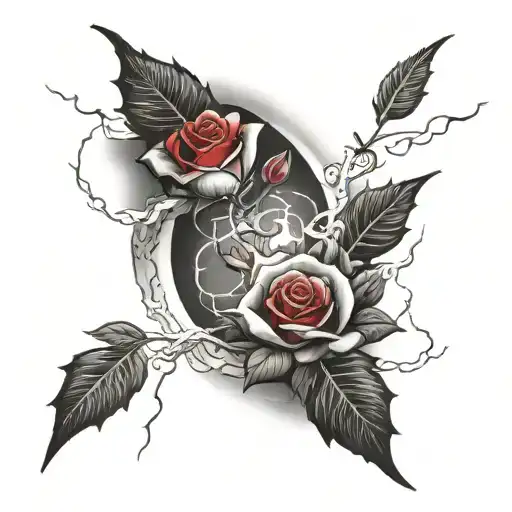 Black lightning, white clouds, with red roses inbetween the lightning arches tattoo design idea
