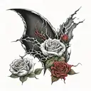 Black lightning, white clouds, with red roses inbetween the lightning arches tattoo design idea