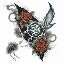 Black lightning, white clouds, with red roses inbetween the lightning arches tattoo design idea