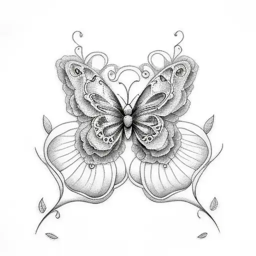 butterfly with flowers and women's lip tattoo design idea