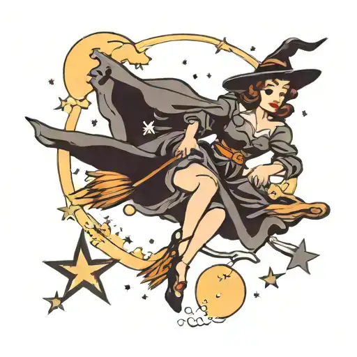 plus size pin up witch flying on a broom, stars and moon tattoo design idea