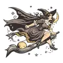 plus size pin up witch flying on a broom, stars and moon tattoo design idea