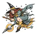 plus size pin up witch flying on a broom, stars and moon tattoo design idea