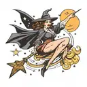 plus size pin up witch flying on a broom, stars and moon tattoo design idea