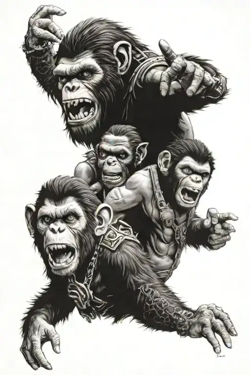 Cesar from planet of the apes croched down with a half skull showing yelling No and gizmo from gremlins looking gangster tattoo design idea