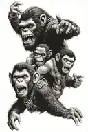 Cesar from planet of the apes croched down with a half skull showing yelling No and gizmo from gremlins looking gangster tattoo design idea