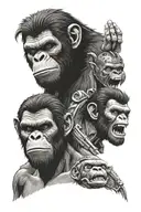 Cesar from planet of the apes croched down with a half skull showing yelling No and gizmo from gremlins looking gangster tattoo design idea