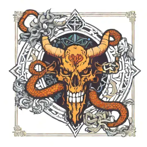 The devil tarot card reimagined featuring snakes, ram skull with horns, chained angels, ominous, epic, detailed, demonic tattoo design idea