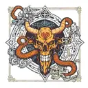 The devil tarot card reimagined featuring snakes, ram skull with horns, chained angels, ominous, epic, detailed, demonic tattoo design idea