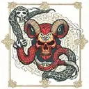 The devil tarot card reimagined featuring snakes, ram skull with horns, chained angels, ominous, epic, detailed, demonic tattoo design idea