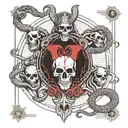 The devil tarot card reimagined featuring snakes, ram skull with horns, chained angels, ominous, epic, detailed, demonic tattoo design idea