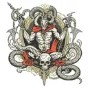 The devil tarot card reimagined featuring snakes, ram skull with horns, chained angels, ominous, epic, detailed, demonic tattoo design idea