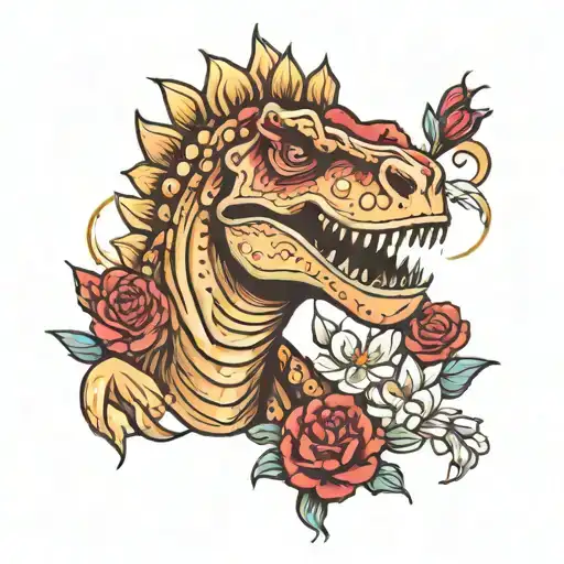 t-rex, popcorn, capricorn symbol, carnation flower, snowdrop flower, garnet birth stone, red and gold tattoo design idea