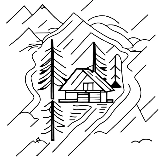 cabin by the lake with a evergreen tattoo design idea