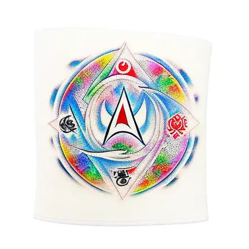 An arm sleeve with all 5 magic the gathering mana symbols filled in with themes for each symbol tattoo design idea