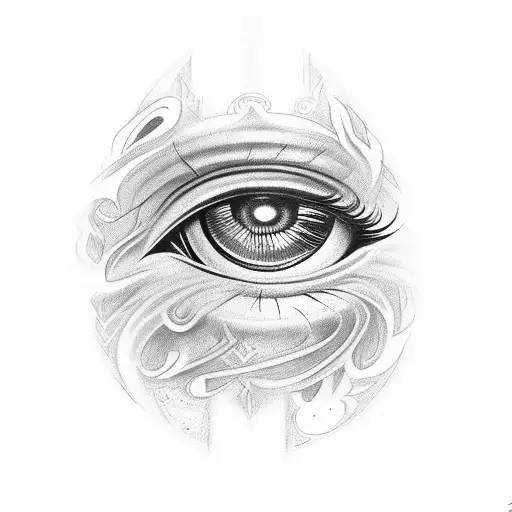 A detailed portrait of Sauron's eye surrounded by intricate elvish script tattoo design idea